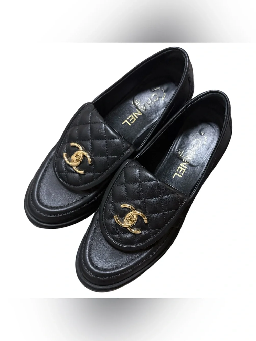 CHANEL Black Quilted Leather Loafers Gold CC Emblem